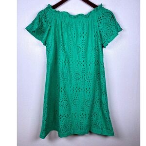 a.n.a Eyelet Dress Womens XS Green Off The Shoulder Shift Ruffle Short Sleeve